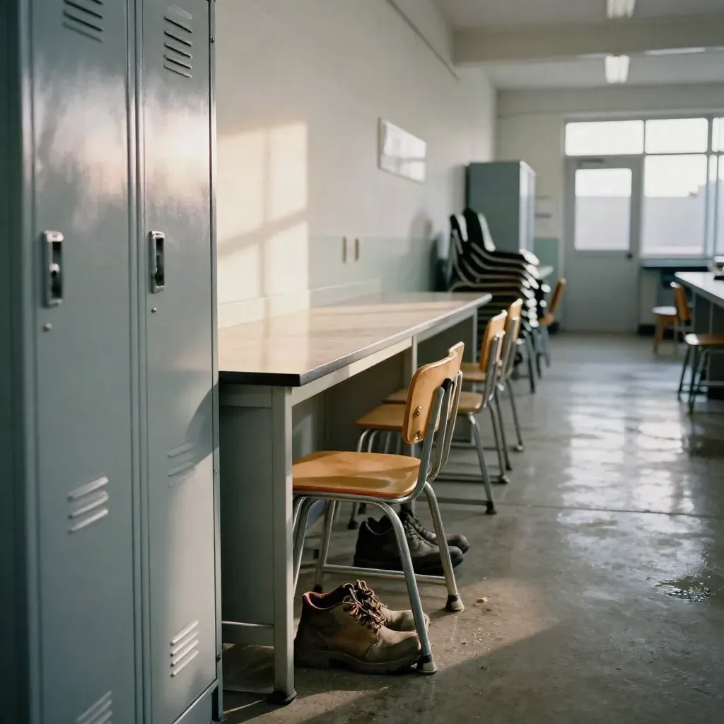 Corridoio silenzioso di una scuola professionale con armadietti, banco e scarpe da lavoro.