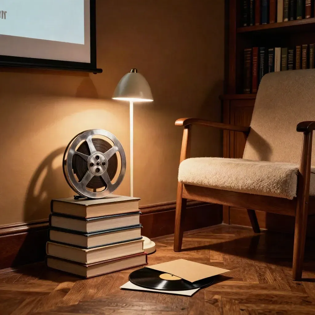 Angolo biblioteca-cinema con libri, bobina, vinile, lampada calda e poltrona vuota.