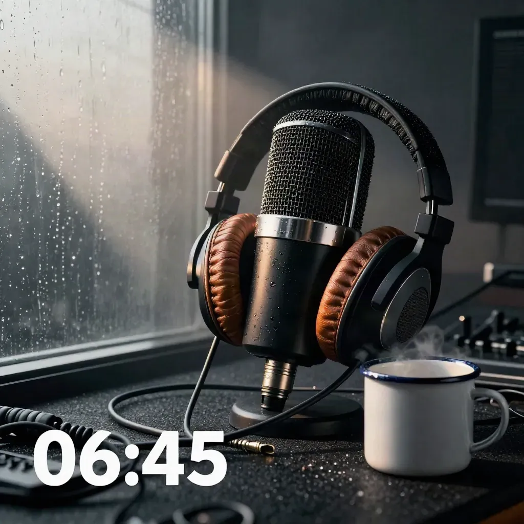 Microfono da studio, cuffie e tazza smaltata in una sala radio buia all’alba.