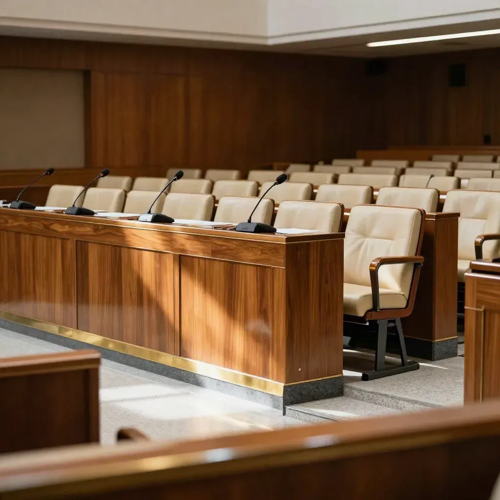 Aula parlamentare vuota con microfoni accesi e sedute in attesa.