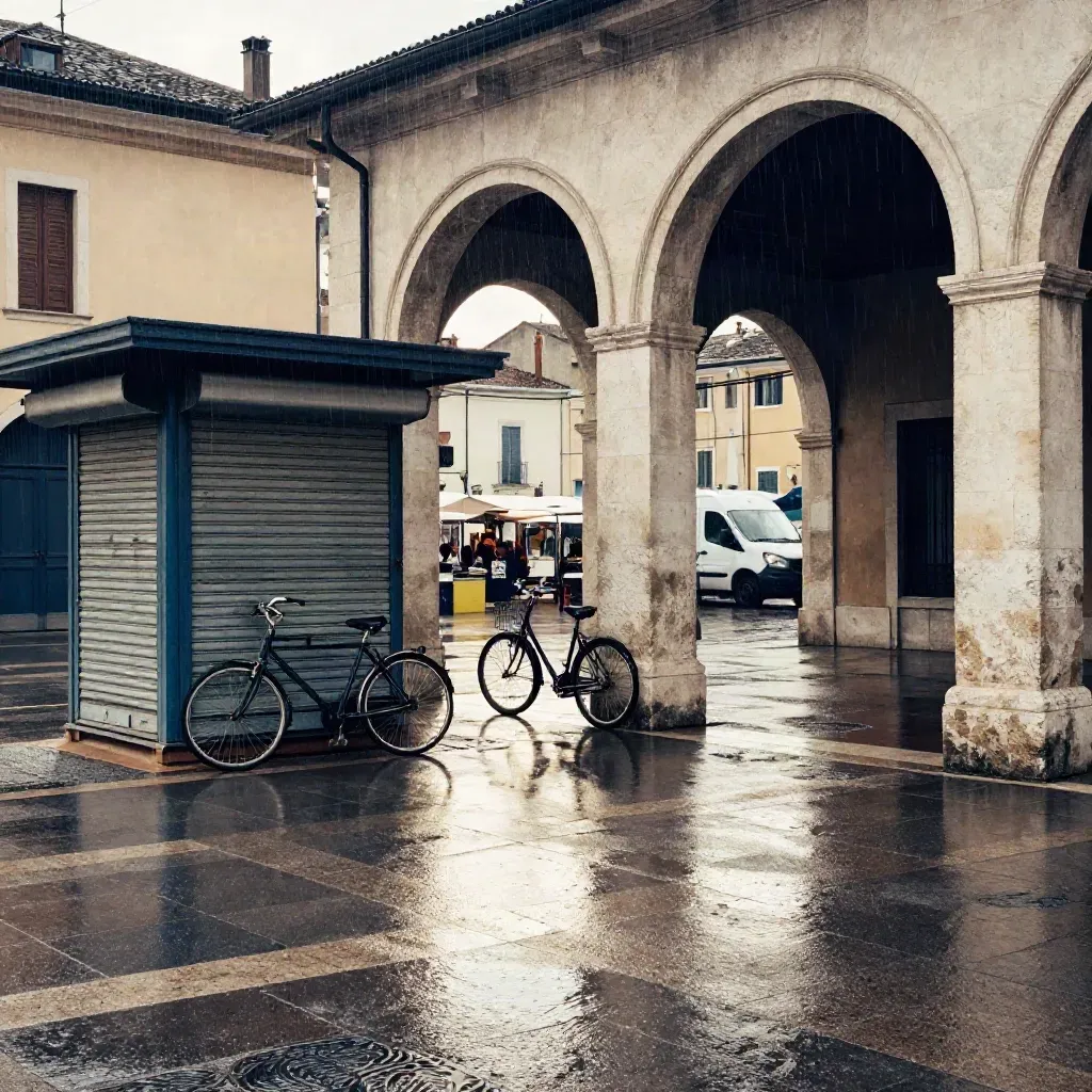 Piazza provinciale bagnata dopo il temporale, edicola chiusa, bici e furgone comunale.