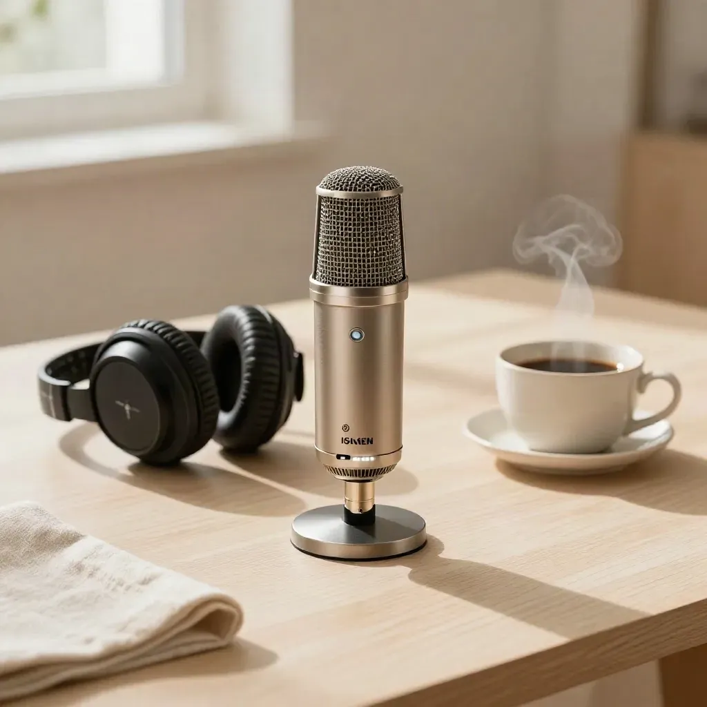 Setup podcast con microfono, cuffie, interfaccia audio e caffè su tavolo in legno chiaro.