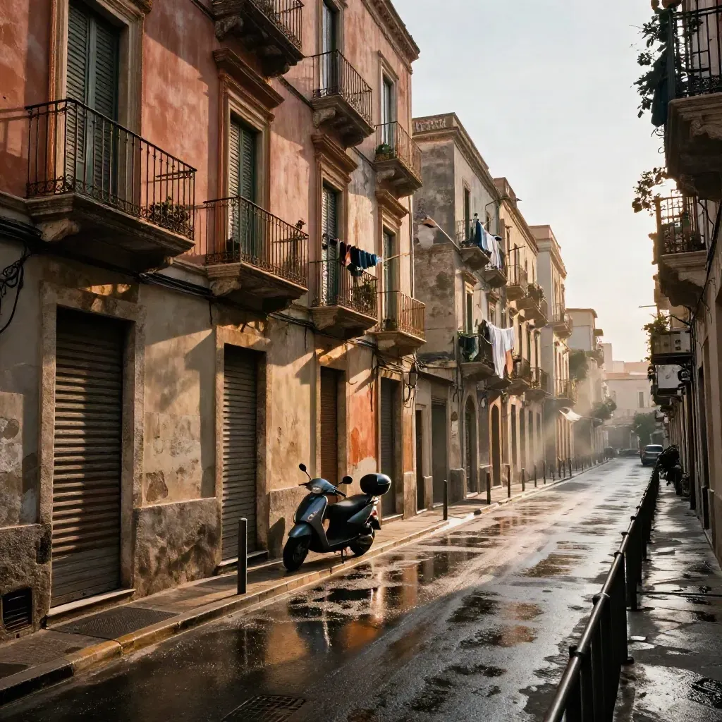 Strada di Palermo dopo il temporale, persiane chiuse, scooter in ombra e asfalto bagnato.