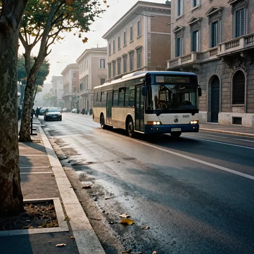 Incrocio romano all’alba con autobus fermo, sampietrini lucidi e palazzi istituzionali sul fondo.