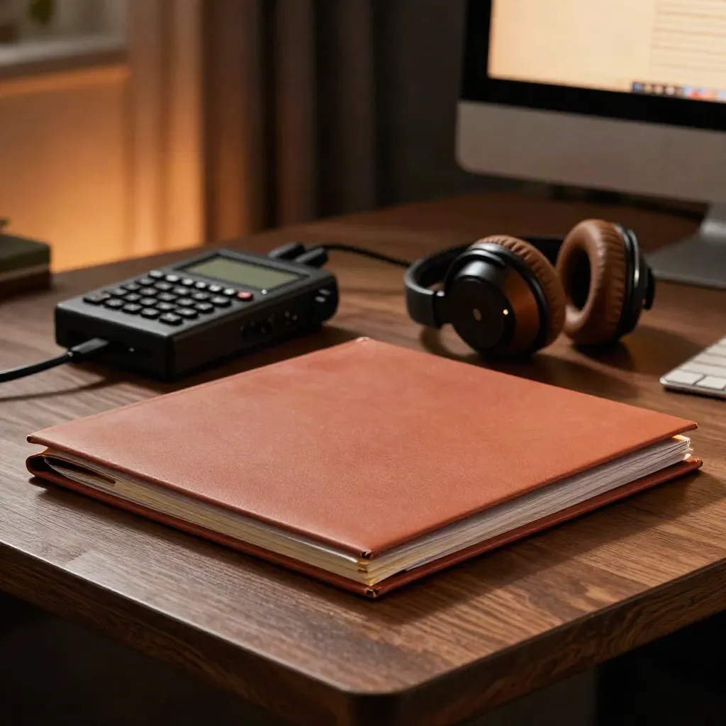 Scrivania notturna con fascicoli, registratore audio e cuffie, luce di monitor soffusa.