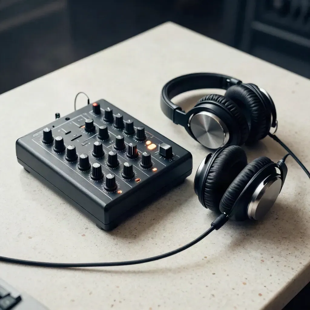 Mix audio compatto e cuffie su travertino, con tre luci accese in una studio silenzioso.