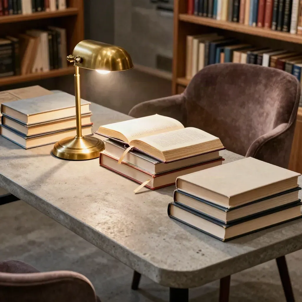Tavolo di presentazione con libri chiusi, lampada calda e poltroncina in un salotto letterario.