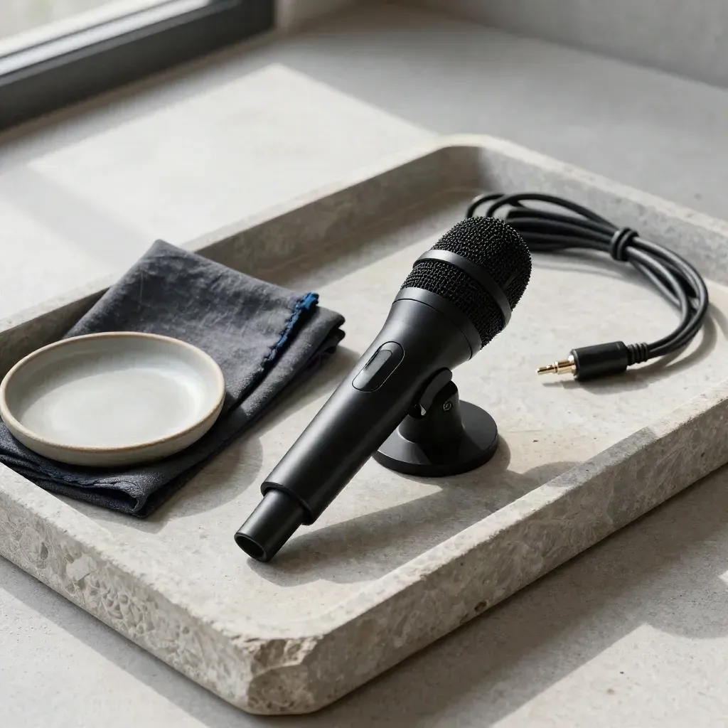 Microfono nero da conferenza su vassoio di pietra con lino piegato e accessori audio