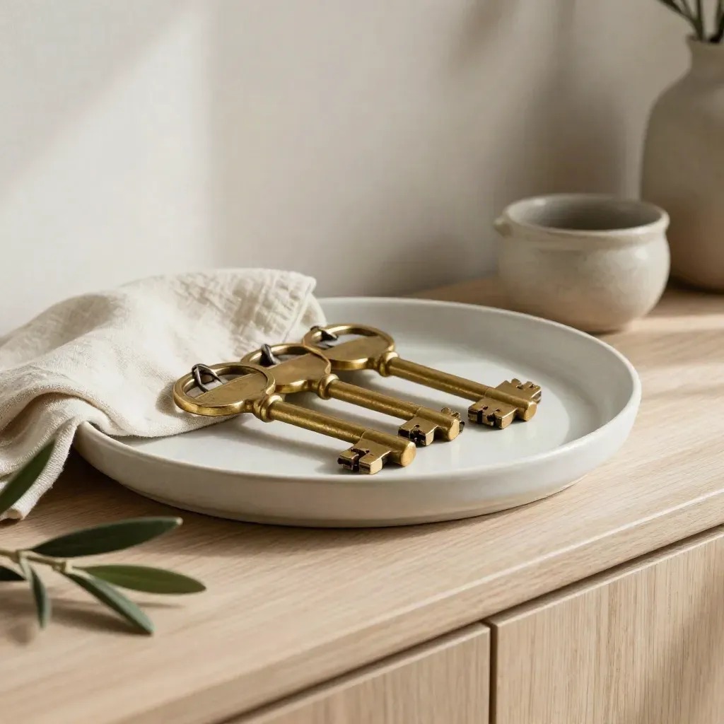 Chiavi di casa in ottone su vassoio ceramico chiaro con lino avorio e legno pallido.